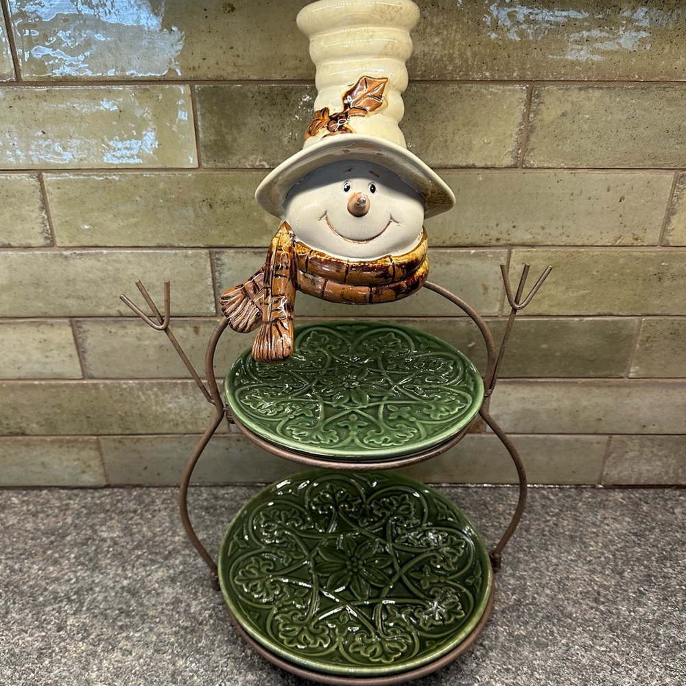 Festive Snowman Two-Tiered Green Plate Stand